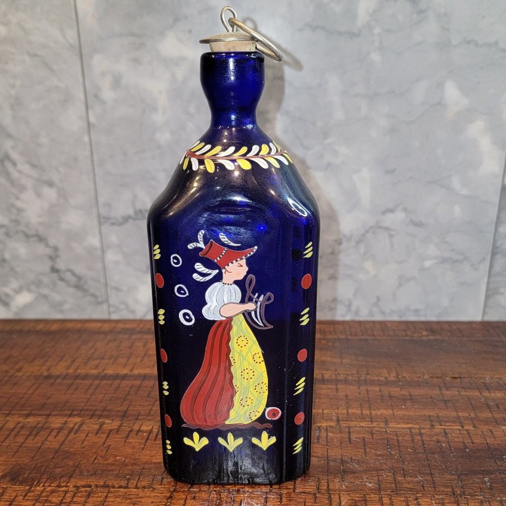 Vintage Gullaskruf Swedish Hand-Painted Cobalt Blue Blown Glass Schnapps Bottle